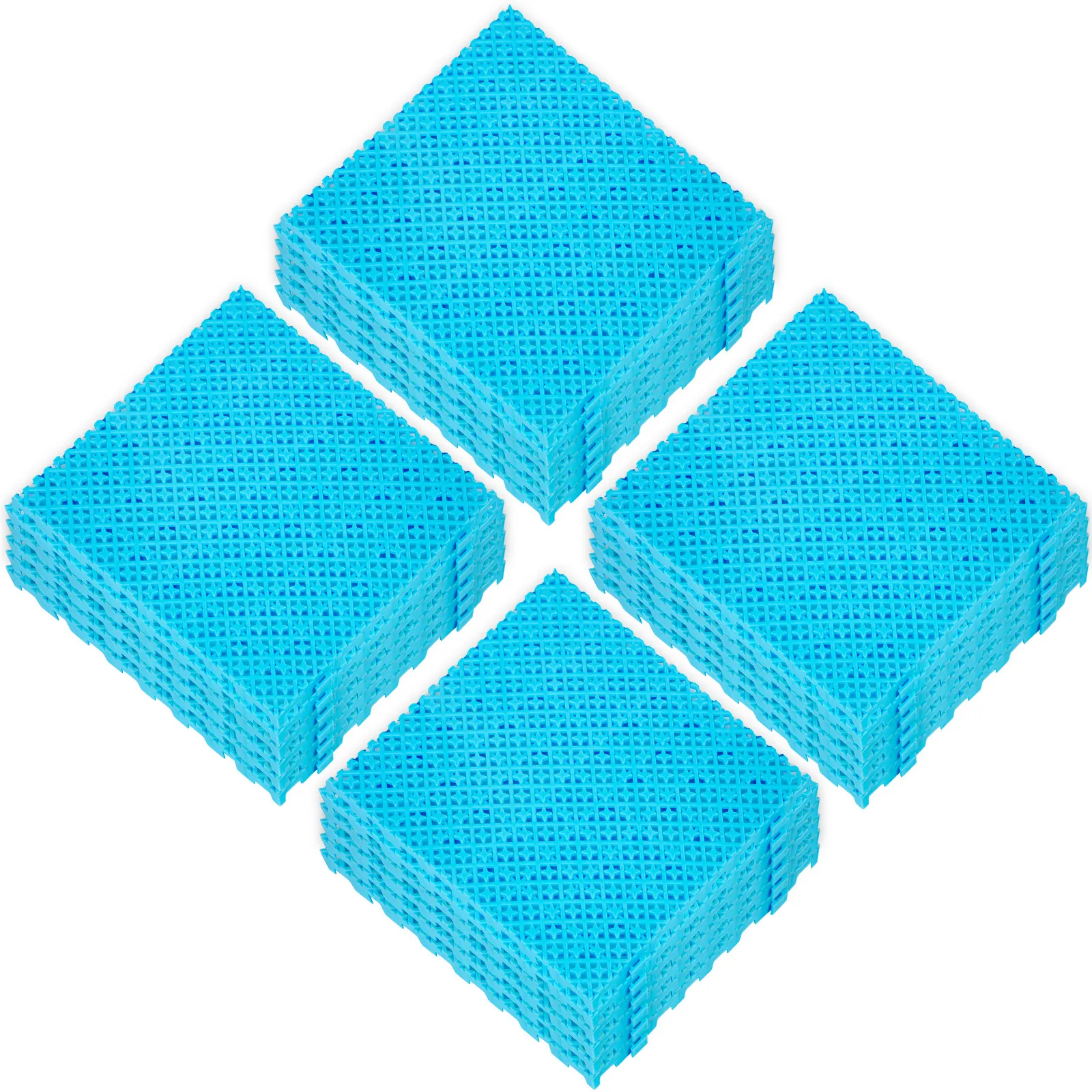 blue VEVOR drainage tiles stacked in four separate piles.