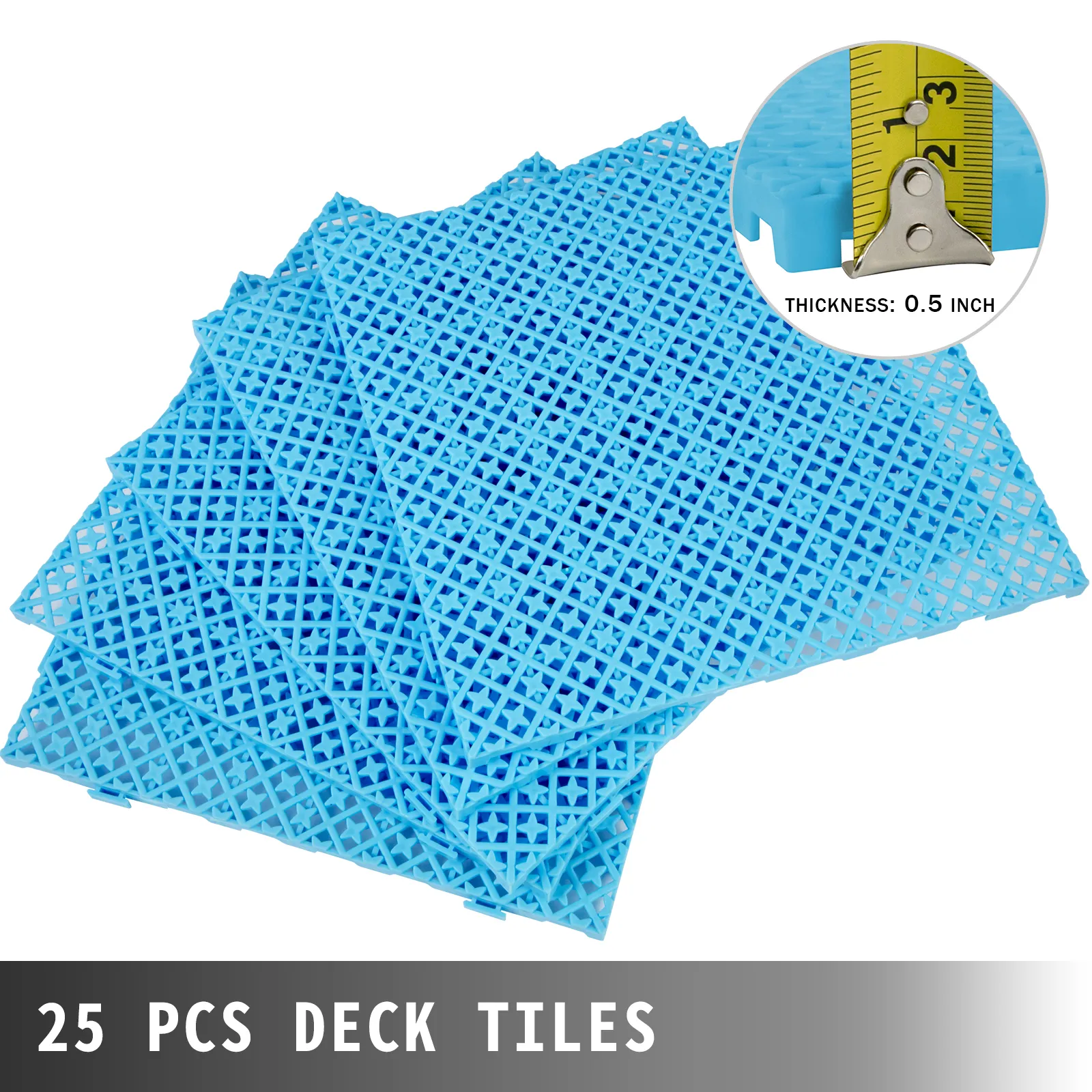 blue VEVOR drainage tiles, 25 pcs, 0.5-inch thick, for deck and patio use.