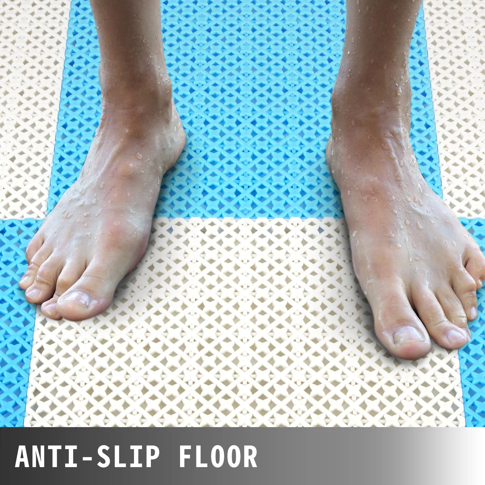 feet on VEVOR drainage tiles in blue and beige, featuring an anti-slip floor design.