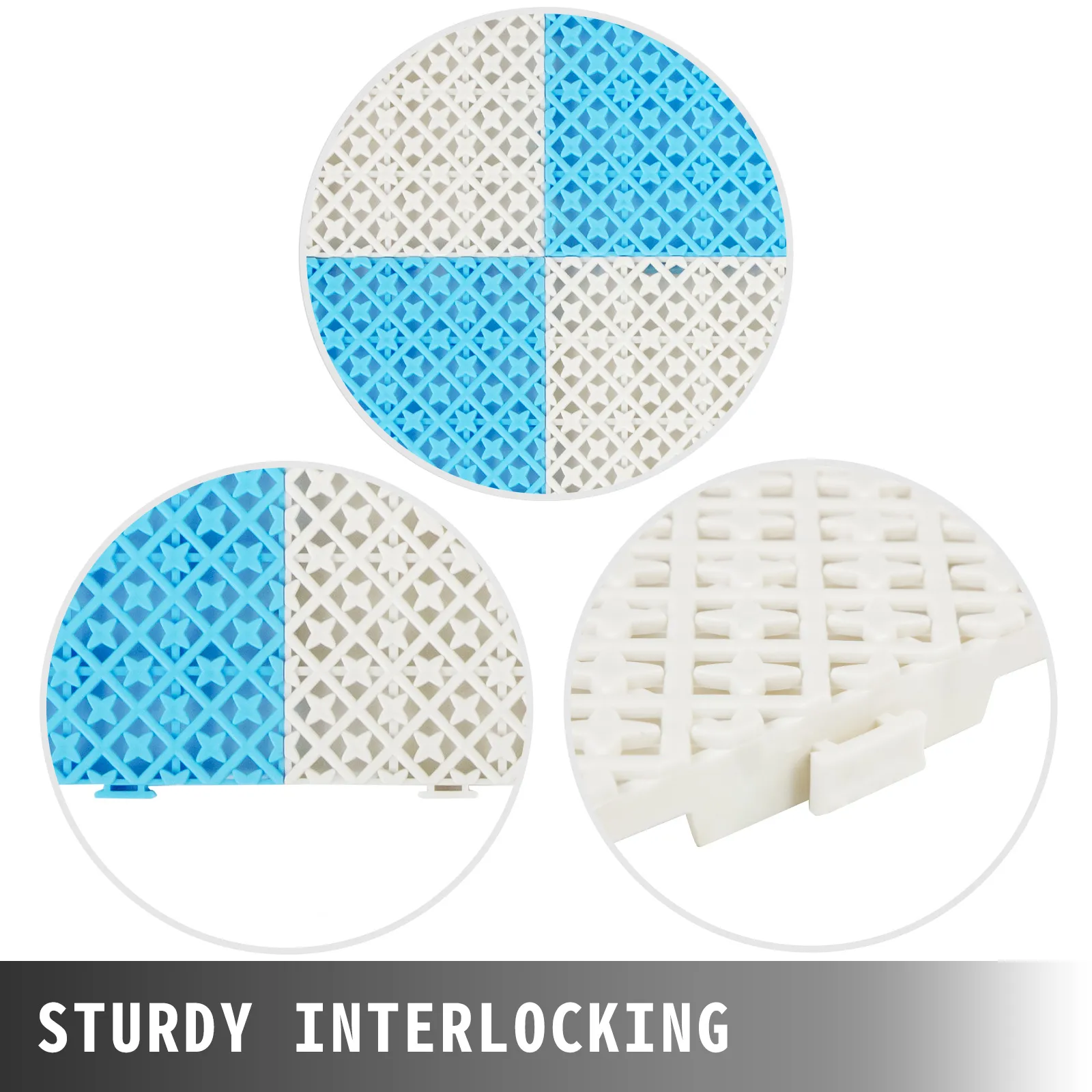 VEVOR drainage tiles: interlocking white and blue tiles with textured surface.