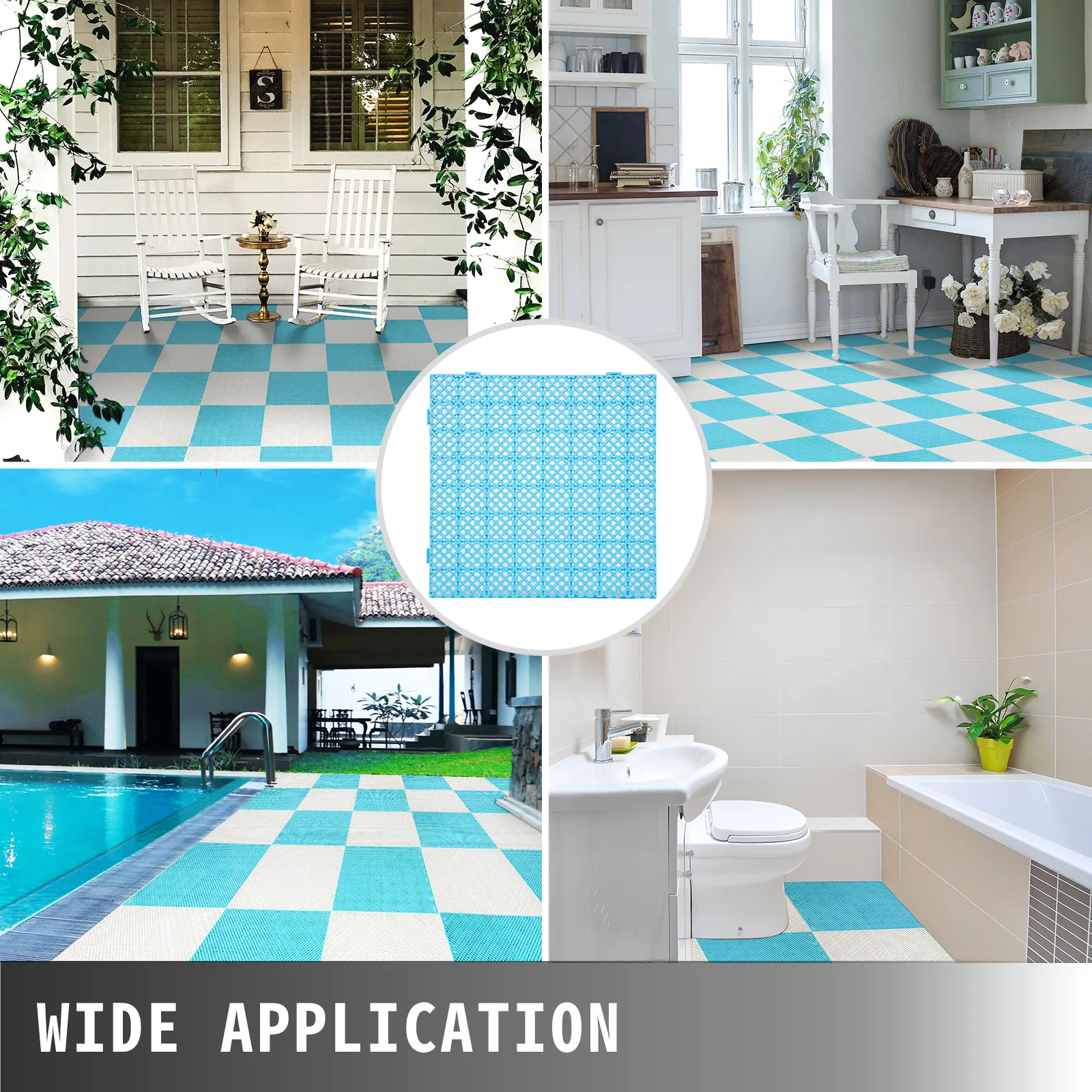 VEVOR drainage tiles in various settings including patio, kitchen, pool, and bathroom.