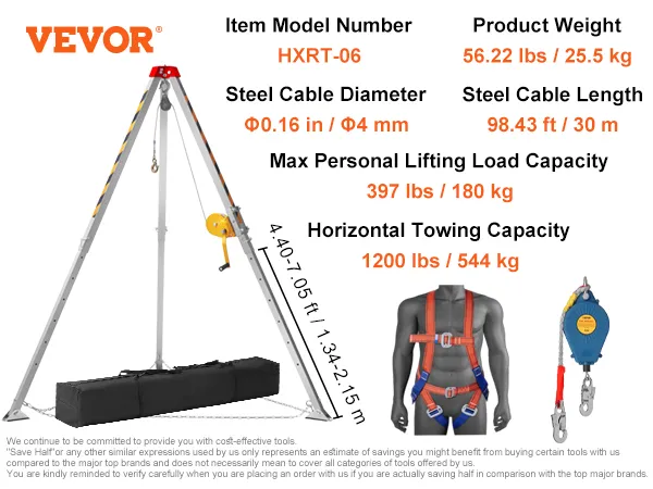 Kit treppiede per spazi confinati VEVOR con cavo in acciaio da 4 mm, capacità di sollevamento 180 kg, capacità di traino 544 kg.