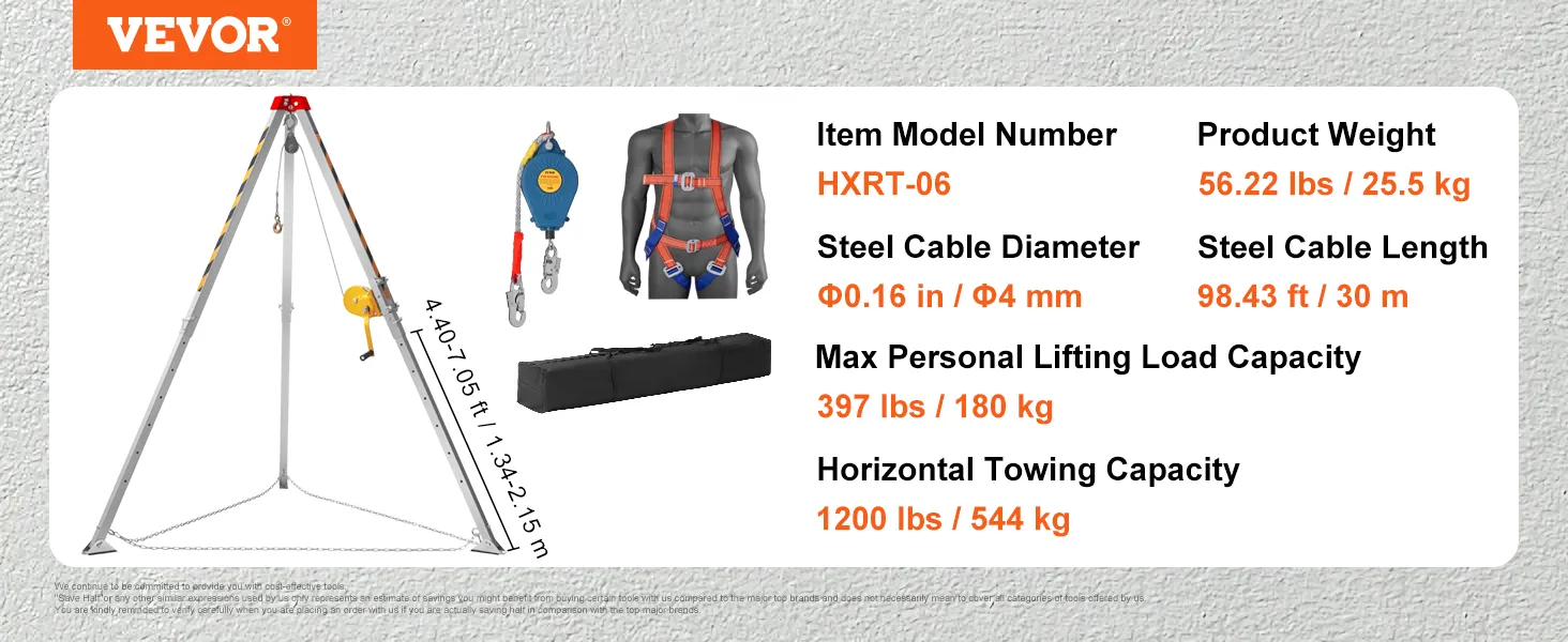 Kit treppiede per spazi confinati VEVOR con cavo in acciaio da 4 mm, capacità di sollevamento 180 kg, capacità di traino 544 kg.