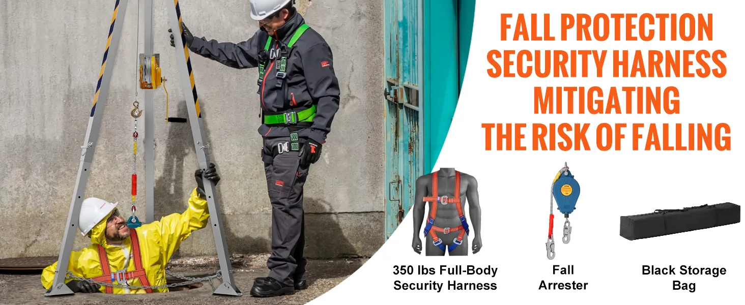 lavoratori che utilizzano il kit treppiede VEVOR per spazi confinati per la protezione anticaduta, comprensivo di dispositivo anticaduta e borsa portaoggetti.