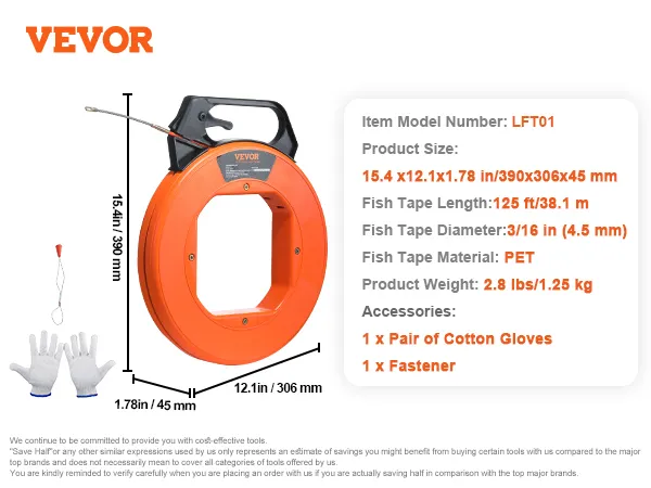 VEVOR fish tape with 125 ft length, 3/16 in diameter, includes cotton gloves and fastener.