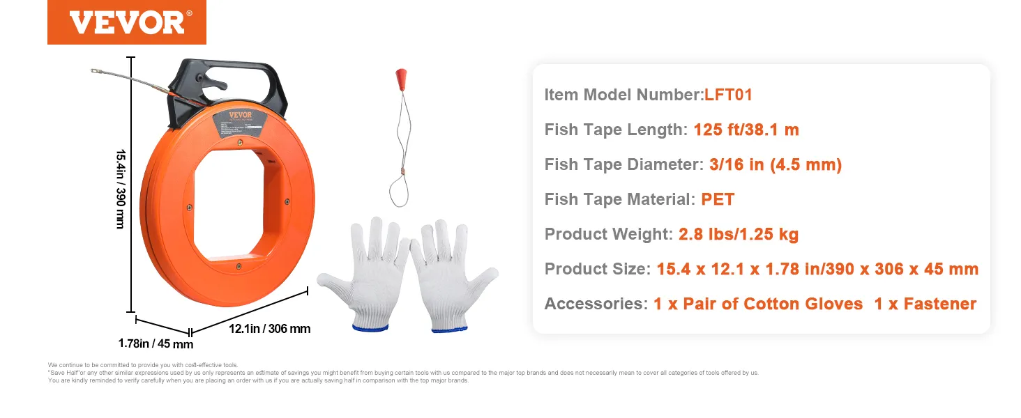 VEVOR fish tape with 125 ft length, 3/16 in diameter, includes cotton gloves and fastener.