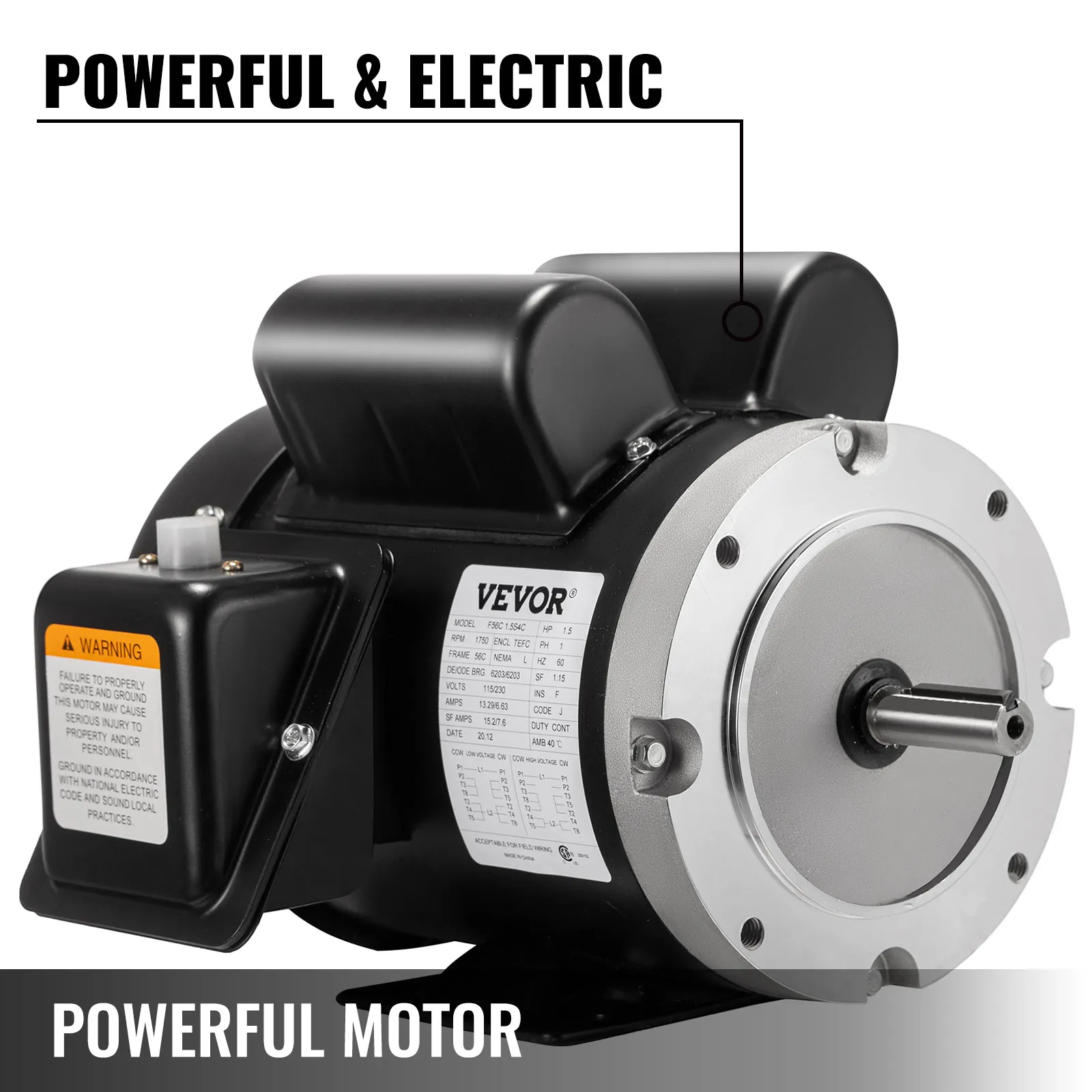Motor eléctrico VEVOR con carcasa negra, eje y caja de control visible.