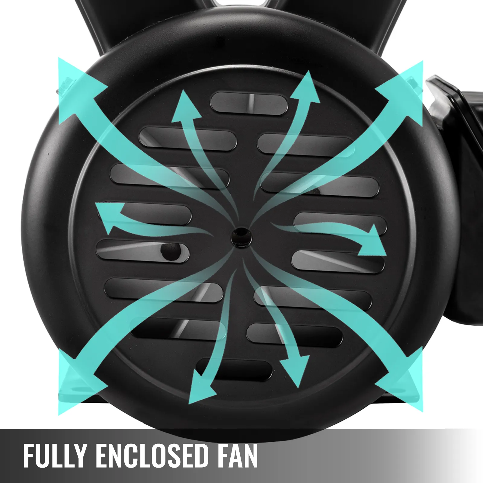 Motor eléctrico VEVOR con ventilador completamente cerrado y flechas direccionales de flujo de aire en azul.