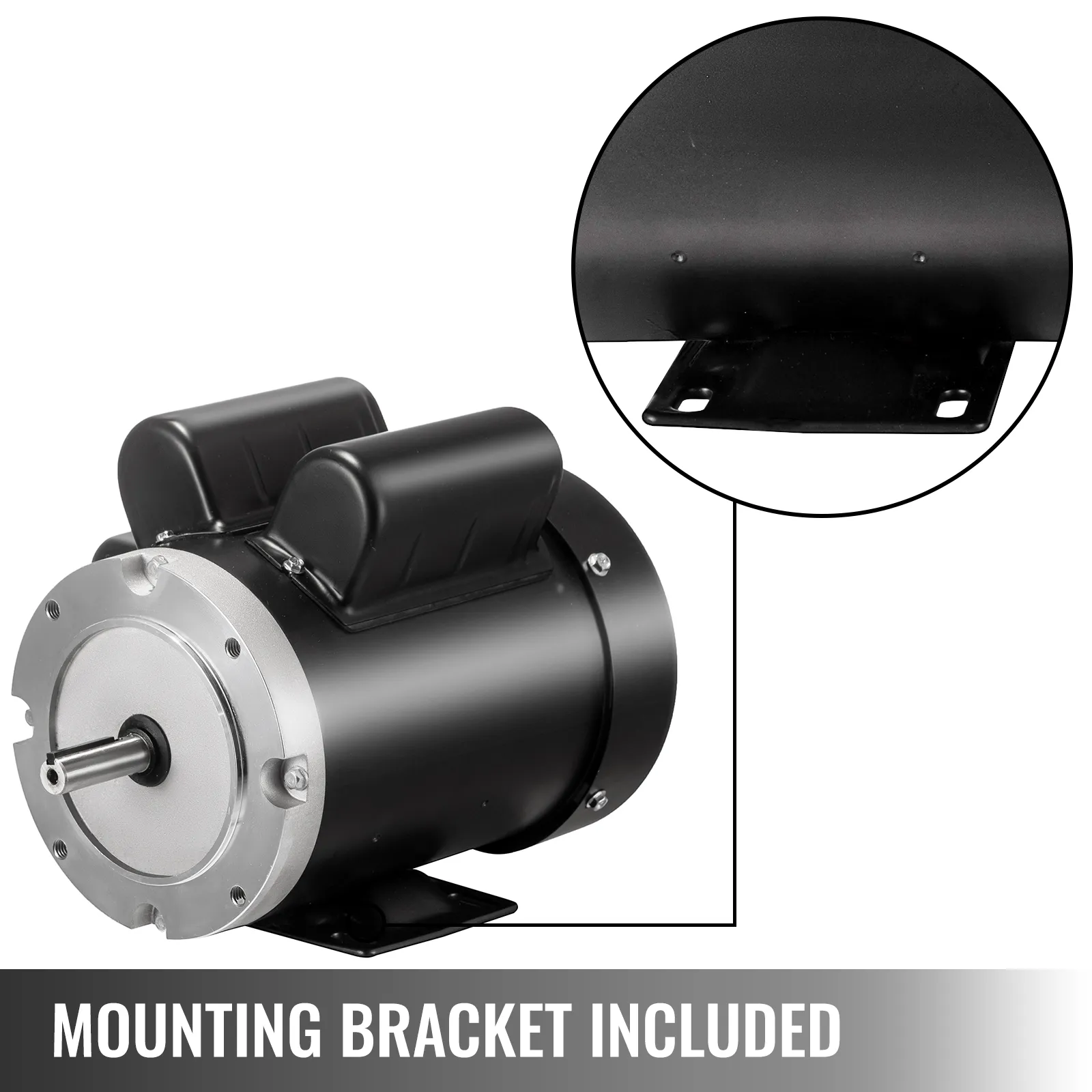 Motor eléctrico VEVOR con soporte de montaje, que presenta un primer plano del detalle del soporte.