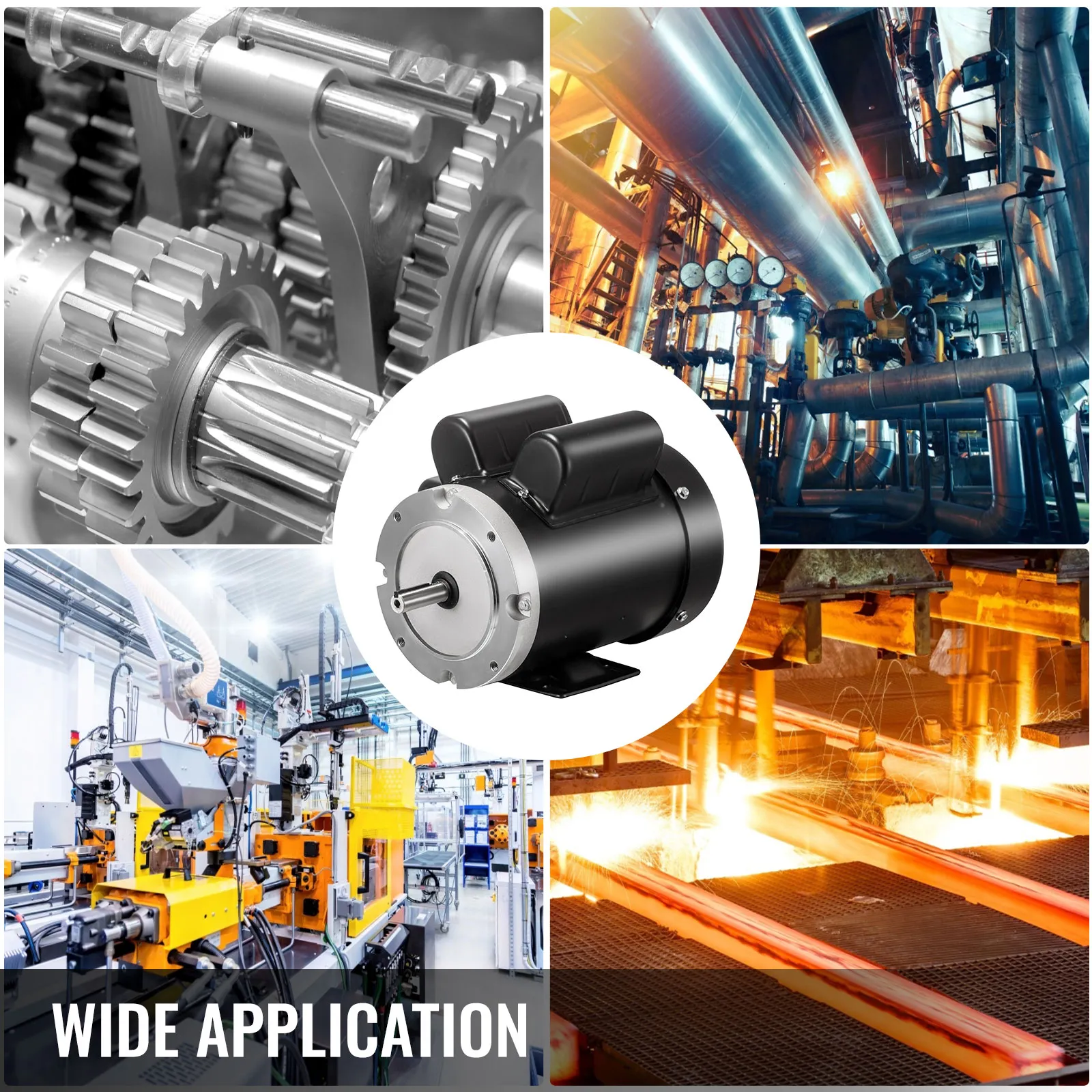 Motor eléctrico VEVOR en diversas aplicaciones industriales: engranajes, maquinaria, tuberías, fundición.