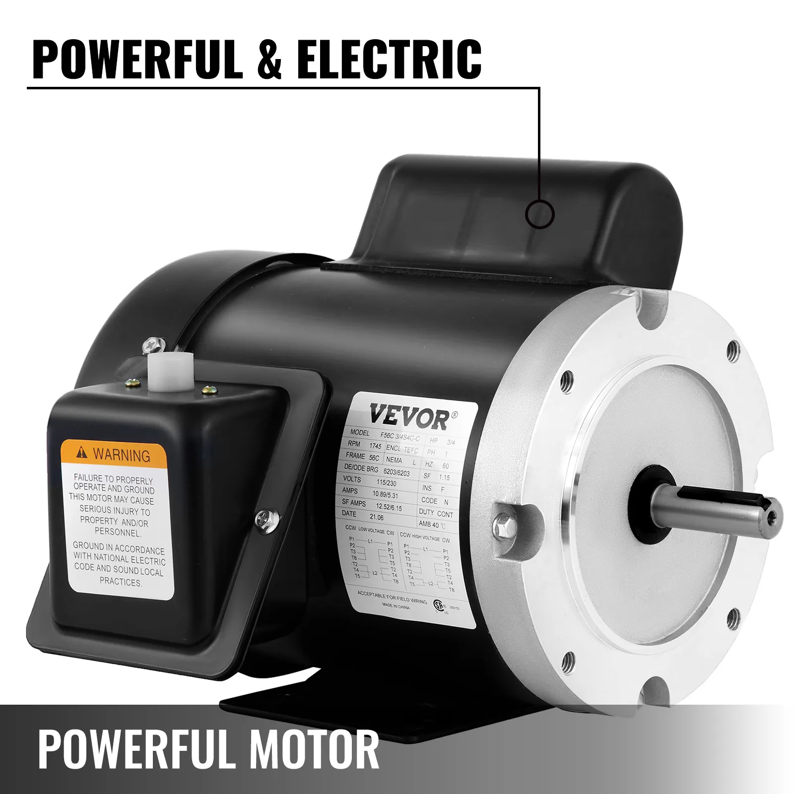 Motor de compresor eléctrico VEVOR con etiqueta de advertencia mostrada, etiquetado como motor potente.