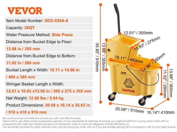 VEVOR dweil-emmer met wringer 26qt, zijpers, afmetingen, gele waarschuwingsemmer.