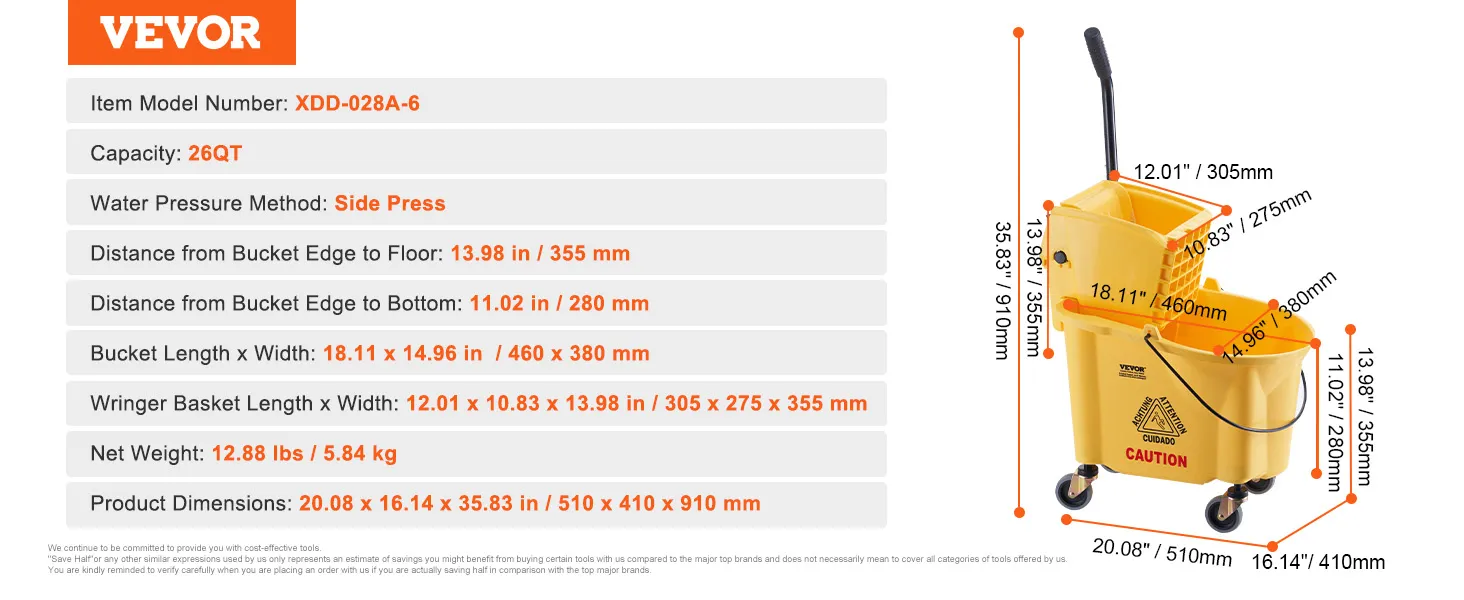 VEVOR dweil-emmer met wringer 26qt, zijpers, afmetingen, gele waarschuwingsemmer.