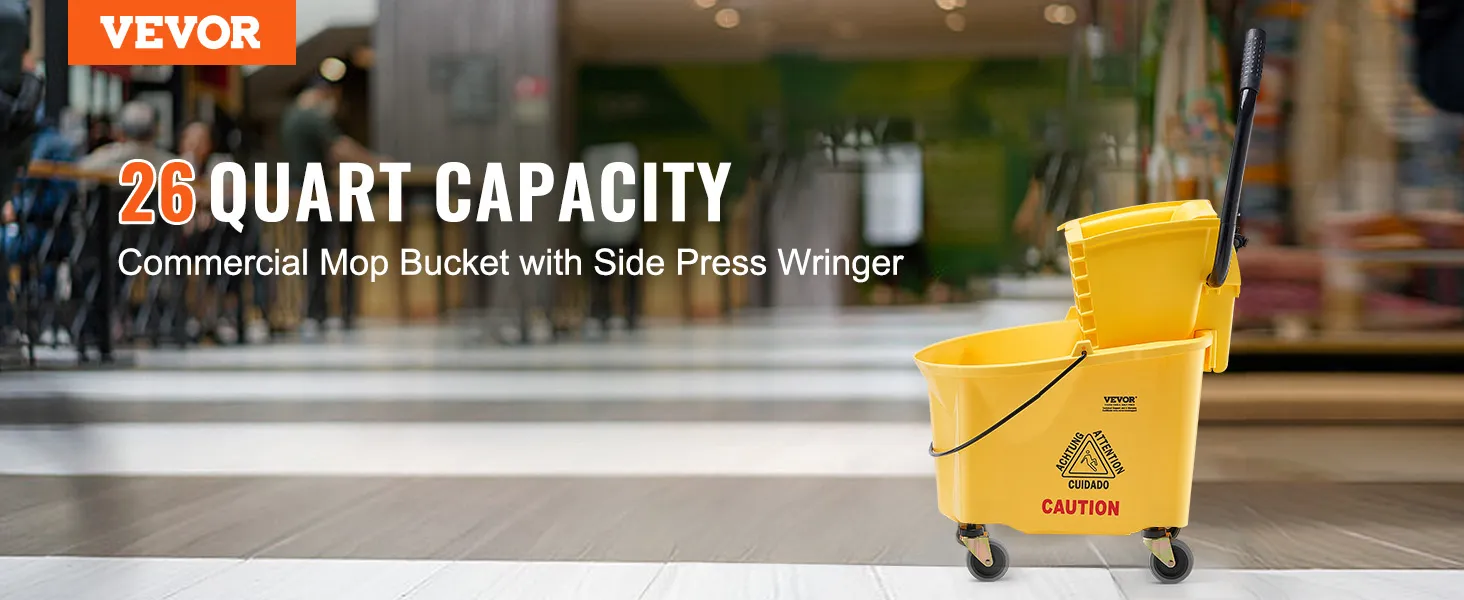 VEVOR dweil-emmer met wringer, inhoud 26 liter, geel, op een moderne binnenvloer.