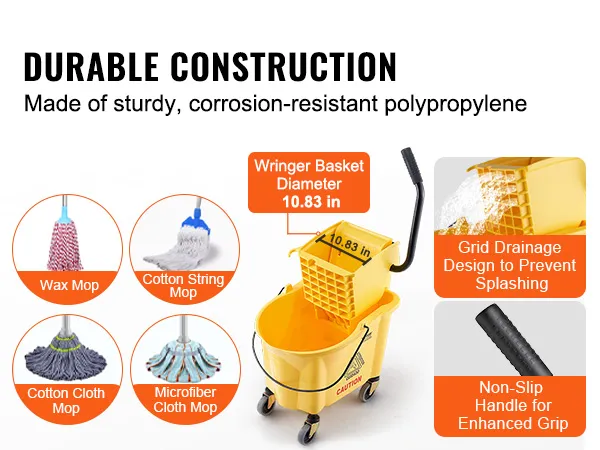 VEVOR dweilemmer met wringer, duurzaam polypropyleen, antislip handvat, roostervormig afvoerontwerp, 10,83 inch mand.