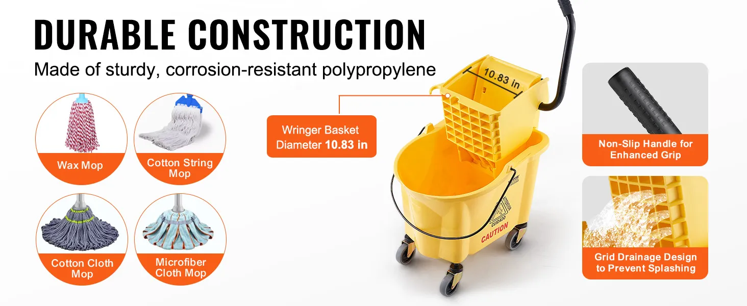 VEVOR dweilemmer met wringer, duurzaam polypropyleen, antislip handvat, roostervormig afvoerontwerp, 10,83 inch mand.