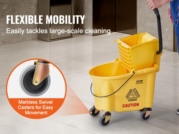 VEVOR-dweil-emmer met wringer is flexibel inzetbaar en heeft zwenkwielen voor eenvoudig verplaatsen.