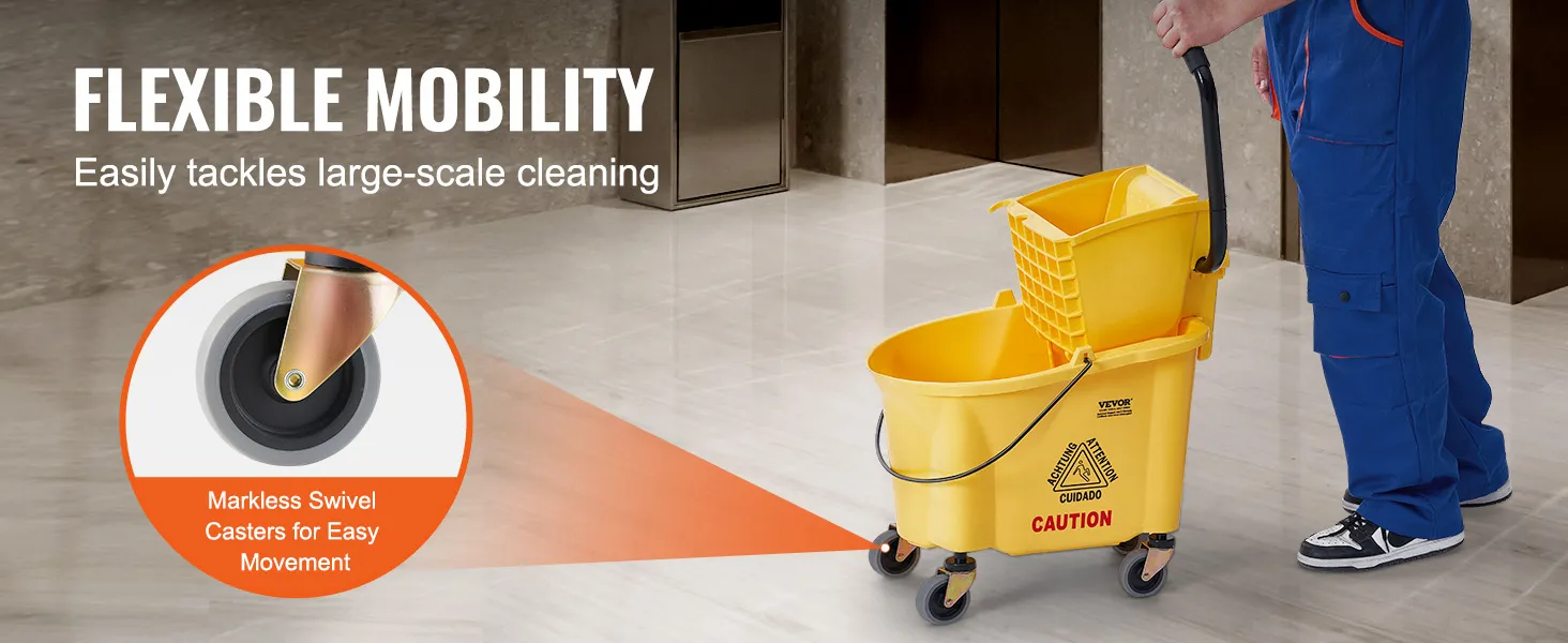 VEVOR-dweil-emmer met wringer is flexibel inzetbaar en heeft zwenkwielen voor eenvoudig verplaatsen.