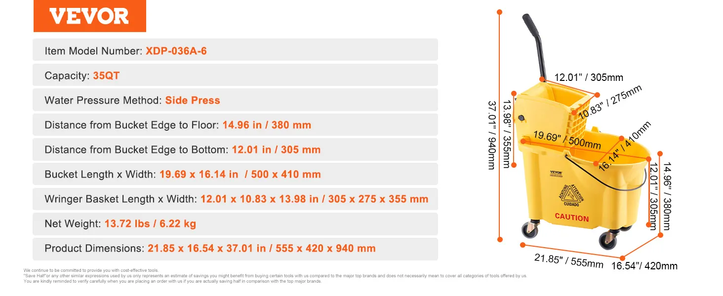 VEVOR-mop-emmer, capaciteit 35 qt, zijpers, afmetingen 555 x 420 x 940 mm (21,85 x 16,54 x 37,01 inch).