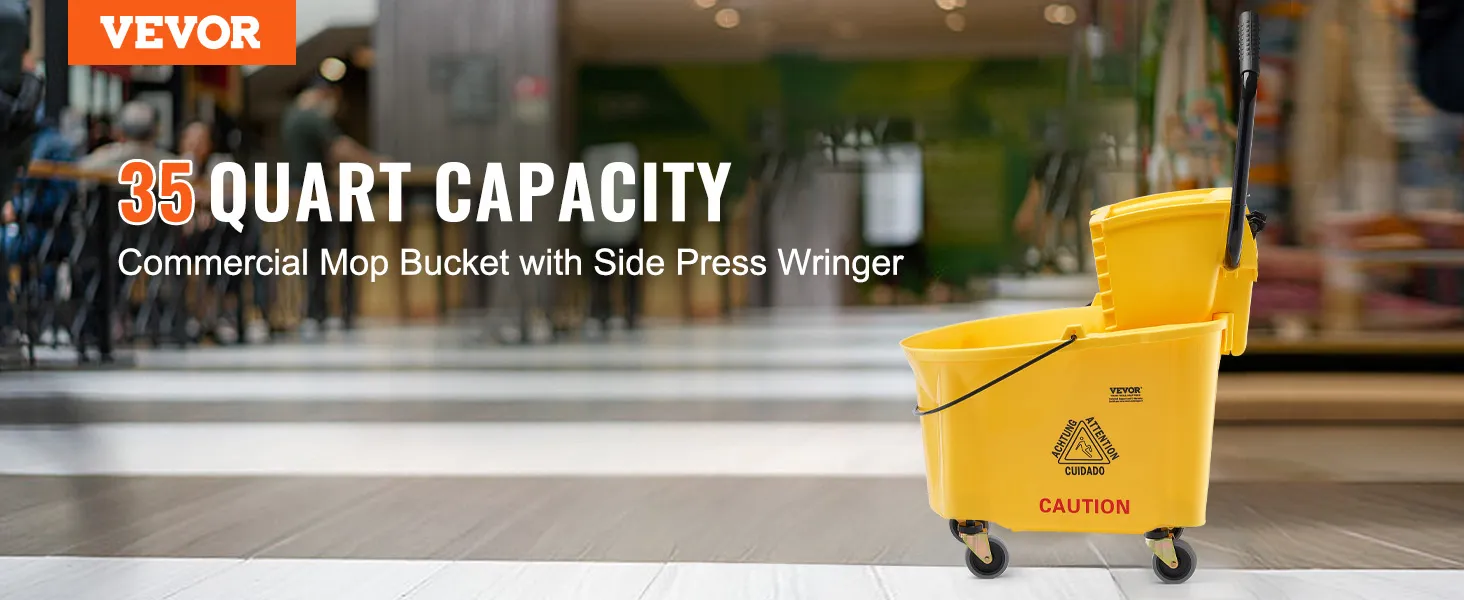 VEVOR-dweil-emmer, inhoud 35 liter, gele emmer met zijpers op een drukke tegelvloer.