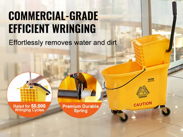 VEVOR mop emmer, professionele kwaliteit, efficiënt uitwringen; verwijdert moeiteloos water en vuil van glanzende vloeren.