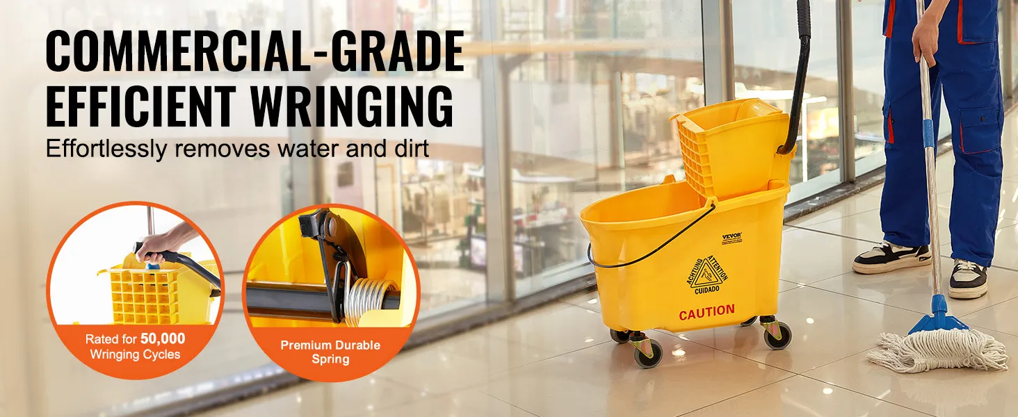 VEVOR mop emmer, professionele kwaliteit, efficiënt uitwringen; verwijdert moeiteloos water en vuil van glanzende vloeren.