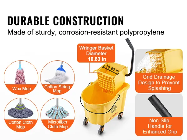 Duurzame VEVOR-mop-emmer met meerdere soorten dweilen, antisliphandgreep en anti-spatroosterafvoerontwerp.