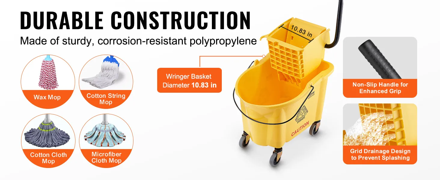 Duurzame VEVOR-mop-emmer met meerdere soorten dweilen, antisliphandgreep en anti-spatroosterafvoerontwerp.
