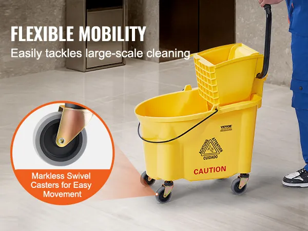 VEVOR-mop-emmer met markeringsloze zwenkwielen voor flexibele mobiliteit en grootschalige reiniging.