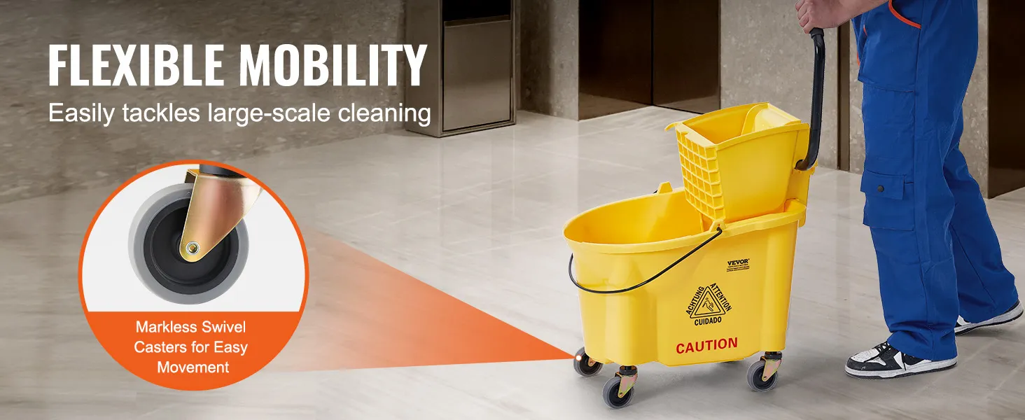 VEVOR-mop-emmer met markeringsloze zwenkwielen voor flexibele mobiliteit en grootschalige reiniging.