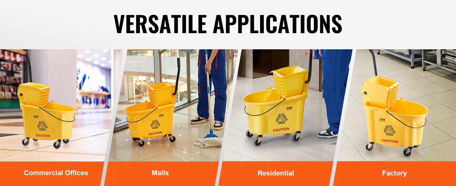 VEVOR-mop-emmer voor veelzijdige toepassingen in commerciële kantoren, winkelcentra, woningen en fabrieken.