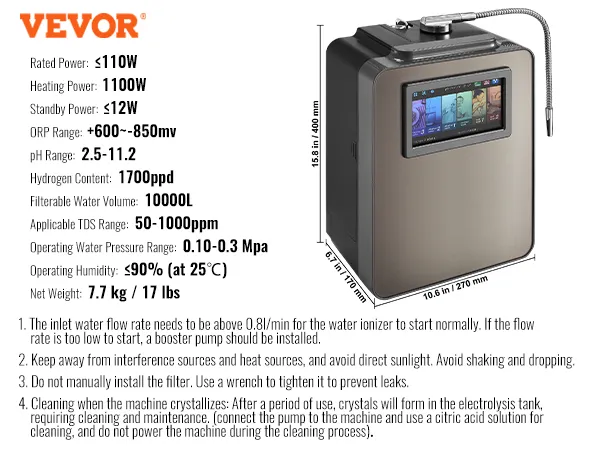 Ionizador de agua alcalina VEVOR con pantalla digital, detalles de filtro y diseño compacto.