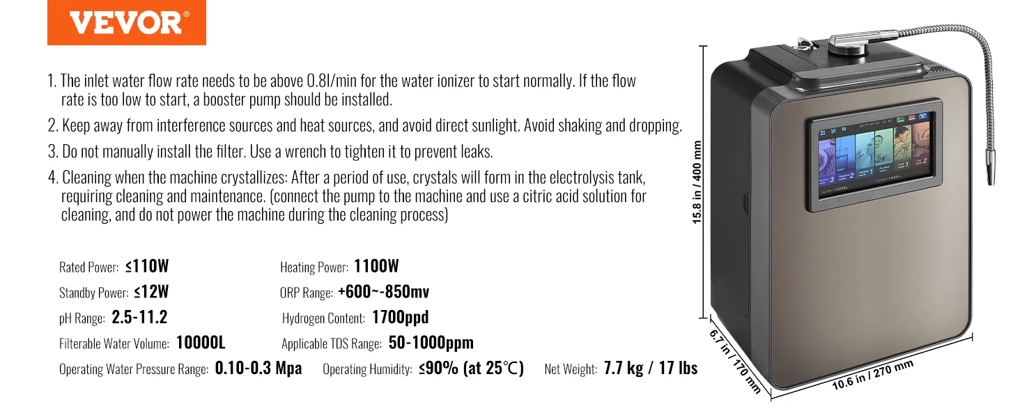 Ionizador de agua alcalina VEVOR con pantalla digital, detalles de filtro y diseño compacto.
