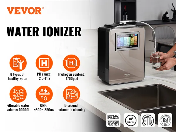 Ionizador de agua alcalina VEVOR en la encimera de la cocina, dispensando agua en un vaso con las características enumeradas.