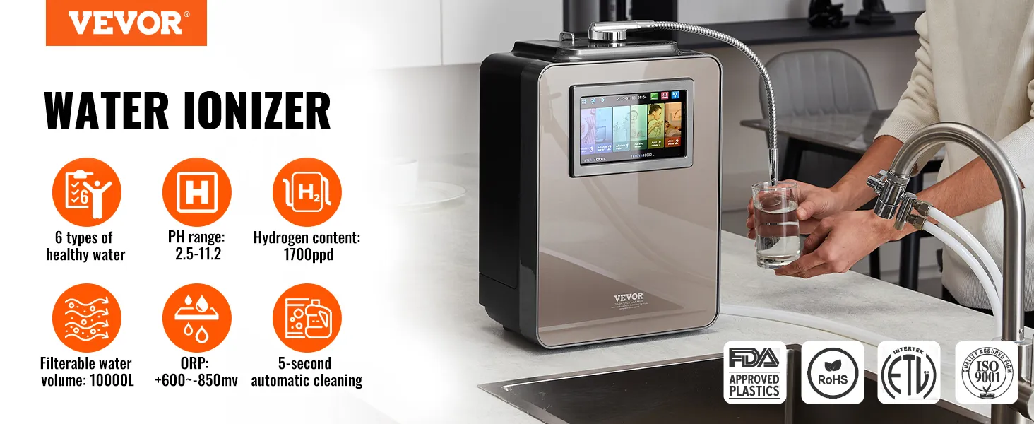 Ionizador de agua alcalina VEVOR en la encimera de la cocina, dispensando agua en un vaso con las características enumeradas.