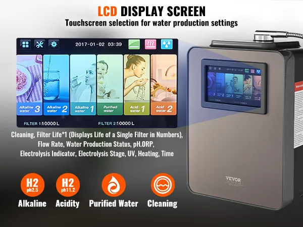 Ionizador de agua alcalina VEVOR con pantalla táctil LCD que muestra la configuración de producción de agua y la vida útil del filtro.