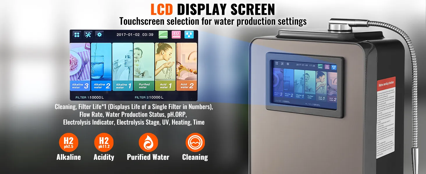 Ionizador de agua alcalina VEVOR con pantalla táctil LCD que muestra la configuración de producción de agua y la vida útil del filtro.
