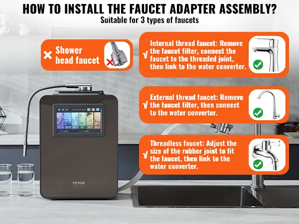 Guía de instalación del ionizador de agua alcalina VEVOR con instrucciones de montaje del adaptador de grifo.