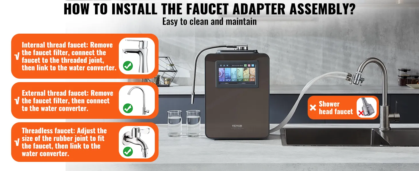 Guía de instalación del ionizador de agua alcalina VEVOR con instrucciones de montaje del adaptador de grifo.