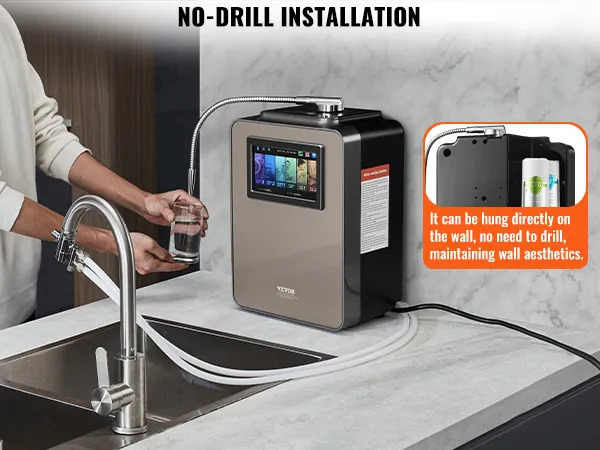 Ionizador de agua alcalina VEVOR con pantalla táctil sobre encimera de cocina, fácil instalación sin necesidad de taladrar.
