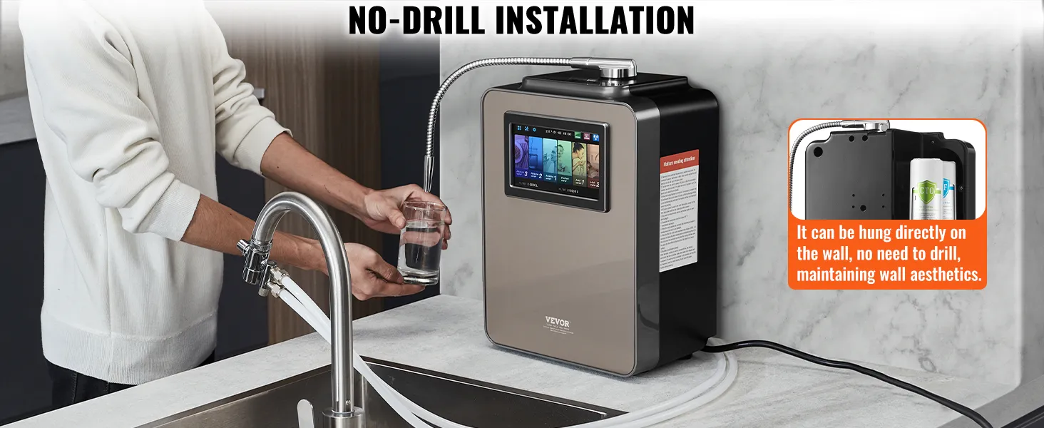 Ionizador de agua alcalina VEVOR con pantalla táctil sobre encimera de cocina, fácil instalación sin necesidad de taladrar.