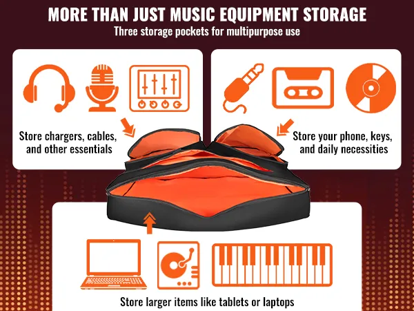 VEVOR dj mixer bag with three storage pockets for accessories, cables, daily items, and larger devices.