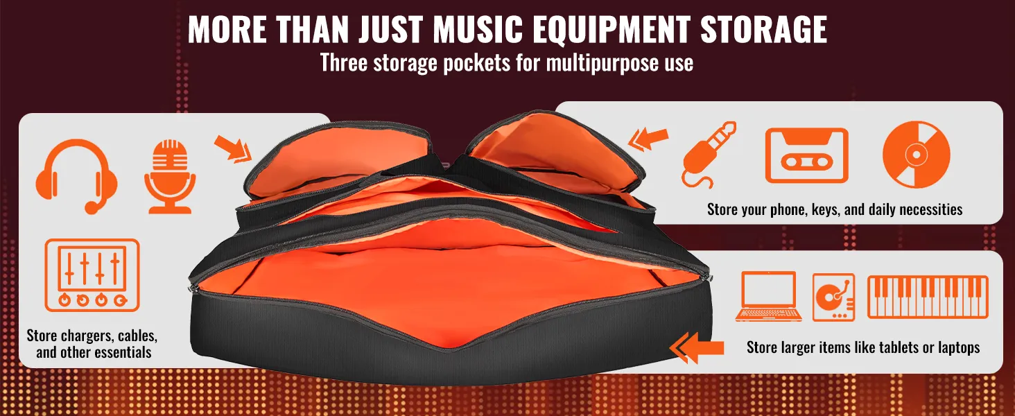 VEVOR dj mixer bag with three storage pockets for accessories, cables, daily items, and larger devices.