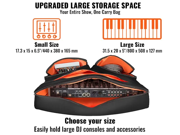VEVOR dj mixer bag with large storage space, showcasing console compartments and size options.