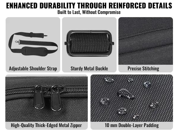 high-quality thick-edged metal zipper, precise stitching, 10mm double-layer padding on the VEVOR dj mixer bag