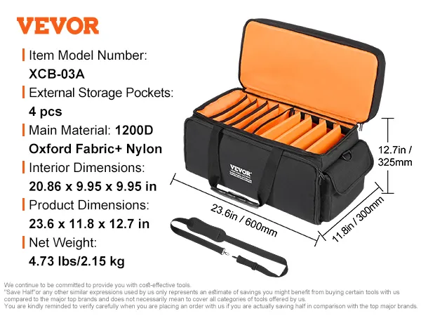 VEVOR dj cable bag made of 1200d oxford fabric with 4 external pockets, 23.6 x 11.8 x 12.7 inches.