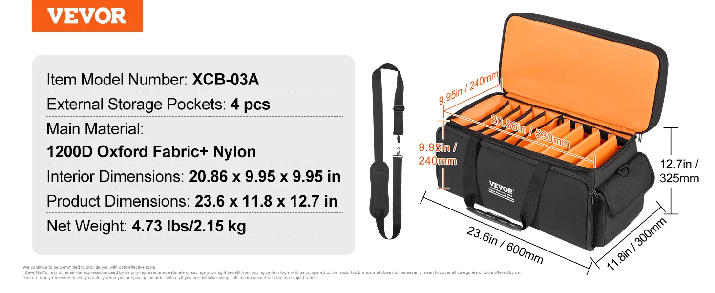 VEVOR dj cable bag made of 1200d oxford fabric with 4 external pockets, 23.6 x 11.8 x 12.7 inches.