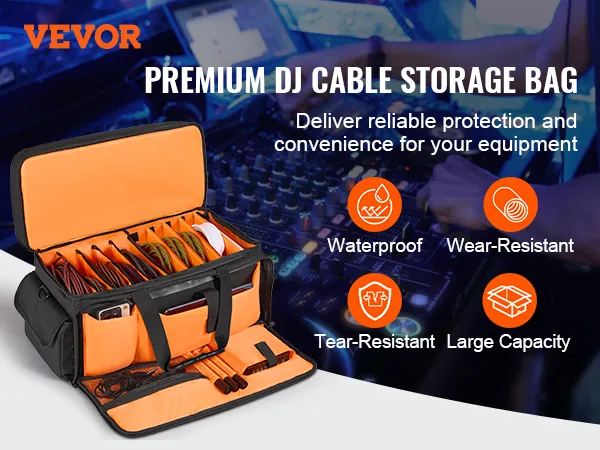 VEVOR dj cable bag with compartments, showcasing waterproof, wear-resistant, large capacity features.