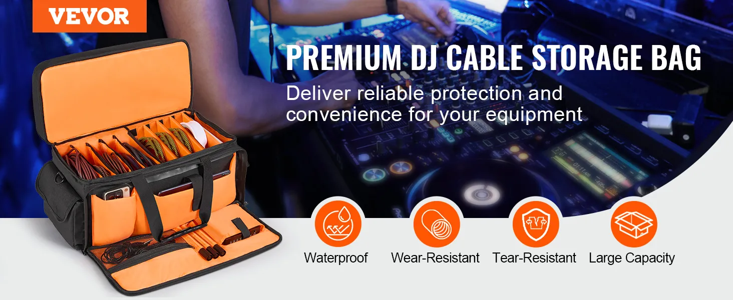 VEVOR dj cable bag with compartments, showcasing waterproof, wear-resistant, large capacity features.