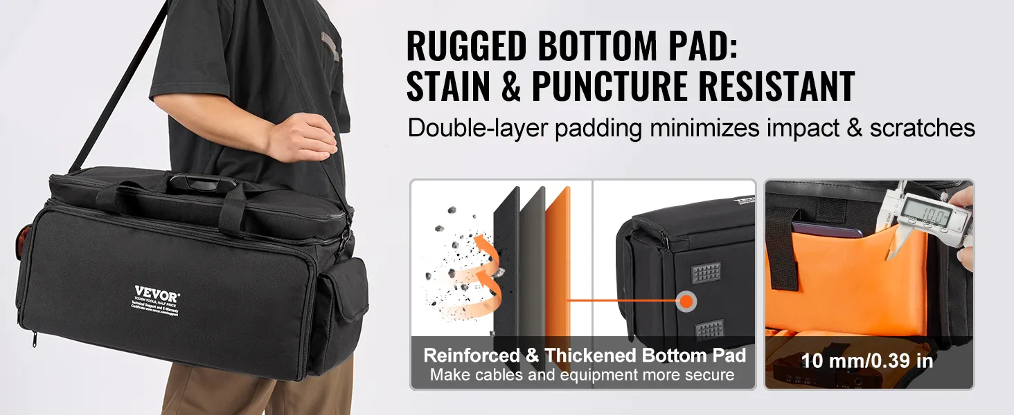 man carrying VEVOR dj cable bag showcasing rugged, stain and puncture-resistant bottom pad.